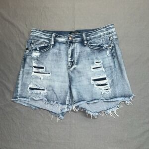 Judy Blue Los Angeles Distressed Denim Shorts Women Size L Frayed Hem Blue